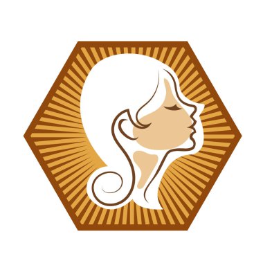 Saç ve güzellikle ilgili logo ya da ilgili herhangi bir grafik amaç için süs rozeti şekilli kadın profili çizimi.