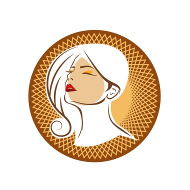 Saç ve güzellikle ilgili logo ya da ilgili herhangi bir grafik amaç için süs rozeti şekilli kadın profili çizimi.