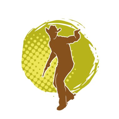 Bir kovboyun silueti tabancasını taşıyor. Atış pozisyonunda kovboy kostümü giyen bir adamın silueti..