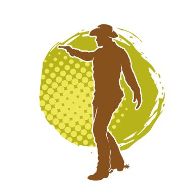 Bir kovboyun silueti tabancasını taşıyor. Atış pozisyonunda kovboy kostümü giyen bir adamın silueti..