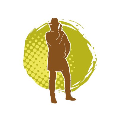 Paltolu ve fötr şapkalı bir erkek dedektifin silueti tabanca tabancasıyla poz veriyor..