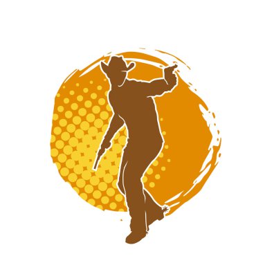 Bir kovboyun silueti tabancasını taşıyor. Atış pozisyonunda kovboy kostümü giyen bir adamın silueti..