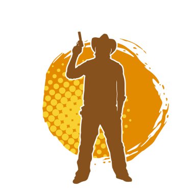 Bir kovboyun silueti tabancasını taşıyor. Atış pozisyonunda kovboy kostümü giyen bir adamın silueti..