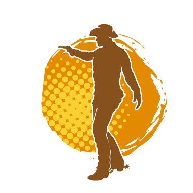 Bir kovboyun silueti tabancasını taşıyor. Atış pozisyonunda kovboy kostümü giyen bir adamın silueti..