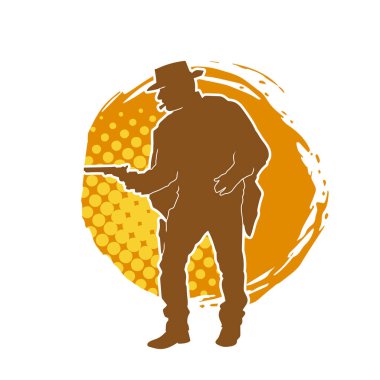 Bir kovboyun silueti tabancasını taşıyor. Atış pozisyonunda kovboy kostümü giyen bir adamın silueti..