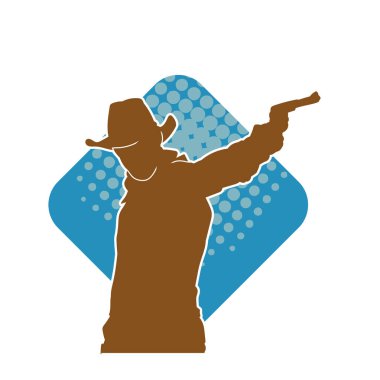 Bir kovboyun silueti tabancasını taşıyor. Atış pozisyonunda kovboy kostümü giyen bir adamın silueti..