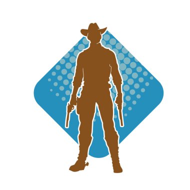 Hareket halindeki bir kovboyun silueti silah taşıyan bir poz veriyor. Kovboy kostümü giymiş siluet tabanca taşıyan bir erkek..