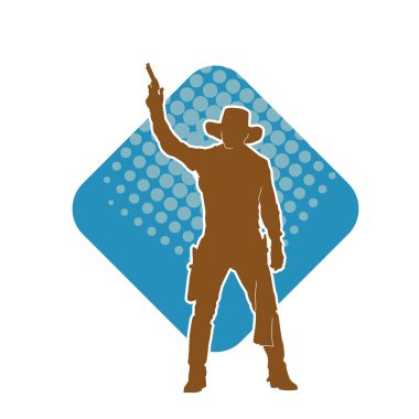 Bir kovboyun silueti tabancasını taşıyor. Atış pozisyonunda kovboy kostümü giyen bir adamın silueti..