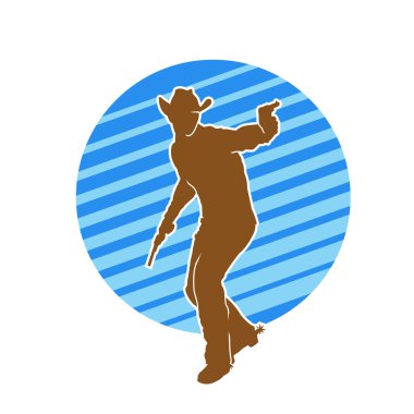 Bir kovboyun silueti tabancasını taşıyor. Atış pozisyonunda kovboy kostümü giyen bir adamın silueti..