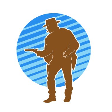 Bir kovboyun silueti tabancasını taşıyor. Atış pozisyonunda kovboy kostümü giyen bir adamın silueti..