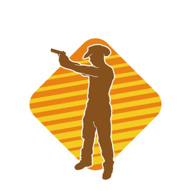 Bir kovboyun silueti tabancasını taşıyor. Atış pozisyonunda kovboy kostümü giyen bir adamın silueti..