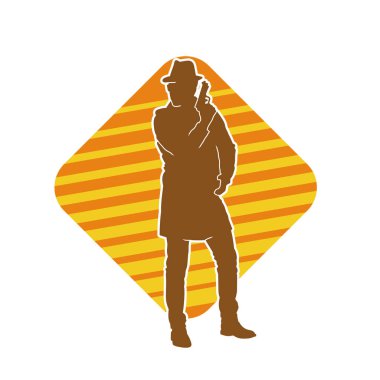 Paltolu ve fötr şapkalı bir erkek dedektifin silueti tabanca tabancasıyla poz veriyor..