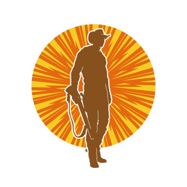 Safari kostümü giymiş, kovboy şapkası takmış tüfeğiyle ateş eden bir avcının silueti. Kovboy kıyafetli bir adamın silueti uzun namlulu silahıyla ateş ediyor..