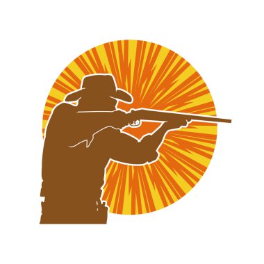 Safari kostümü giymiş, kovboy şapkası takmış tüfeğiyle ateş eden bir avcının silueti. Kovboy kıyafetli bir adamın silueti uzun namlulu silahıyla ateş ediyor..