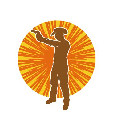 Bir kovboyun silueti tabancasını taşıyor. Atış pozisyonunda kovboy kostümü giyen bir adamın silueti..