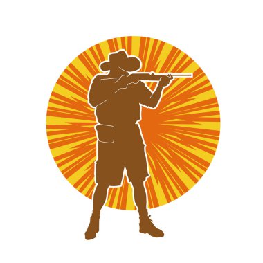 Safari kostümü giymiş, kovboy şapkası takmış tüfeğiyle ateş eden bir avcının silueti. Kovboy kıyafetli bir adamın silueti uzun namlulu silahıyla ateş ediyor..