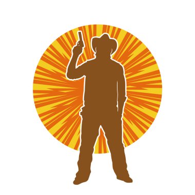 Bir kovboyun silueti tabancasını taşıyor. Atış pozisyonunda kovboy kostümü giyen bir adamın silueti..