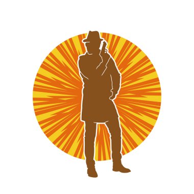 Paltolu ve fötr şapkalı bir erkek dedektifin silueti tabanca tabancasıyla poz veriyor..