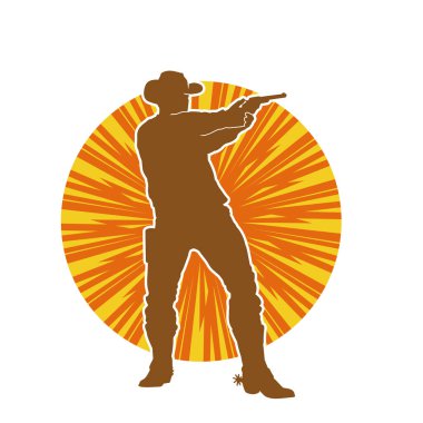 Bir kovboyun silueti tabancasını taşıyor. Atış pozisyonunda kovboy kostümü giyen bir adamın silueti..