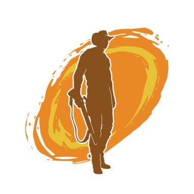 Safari kostümü giymiş, kovboy şapkası takmış tüfeğiyle ateş eden bir avcının silueti. Kovboy kıyafetli bir adamın silueti uzun namlulu silahıyla ateş ediyor..