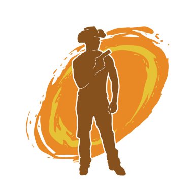 Bir kovboyun silueti tabancasını taşıyor. Atış pozisyonunda kovboy kostümü giyen bir adamın silueti..