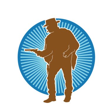 Bir kovboyun silueti tabancasını taşıyor. Atış pozisyonunda kovboy kostümü giyen bir adamın silueti..