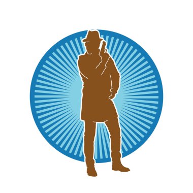 Paltolu ve fötr şapkalı bir erkek dedektifin silueti tabanca tabancasıyla poz veriyor..