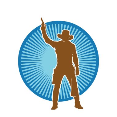 Bir kovboyun silueti tabancasını taşıyor. Atış pozisyonunda kovboy kostümü giyen bir adamın silueti..