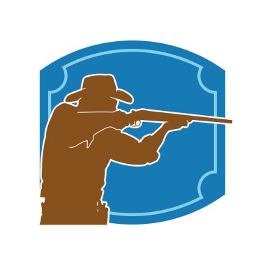Safari kostümü giymiş, kovboy şapkası takmış tüfeğiyle ateş eden bir avcının silueti. Kovboy kıyafetli bir adamın silueti uzun namlulu silahıyla ateş ediyor..