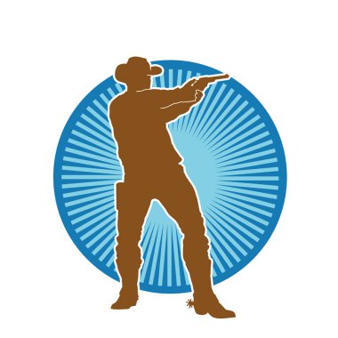 Bir kovboyun silueti tabancasını taşıyor. Atış pozisyonunda kovboy kostümü giyen bir adamın silueti..