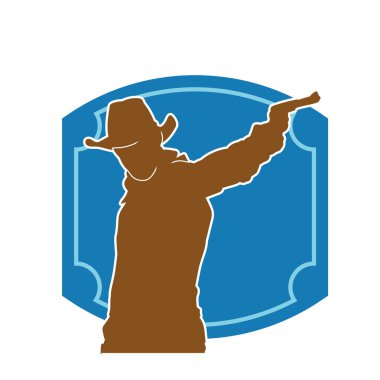 Bir kovboyun silueti tabancasını taşıyor. Atış pozisyonunda kovboy kostümü giyen bir adamın silueti..