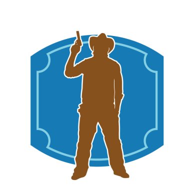 Bir kovboyun silueti tabancasını taşıyor. Atış pozisyonunda kovboy kostümü giyen bir adamın silueti..