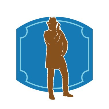 Paltolu ve fötr şapkalı bir erkek dedektifin silueti tabanca tabancasıyla poz veriyor..