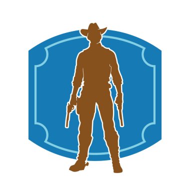 Hareket halindeki bir kovboyun silueti silah taşıyan bir poz veriyor. Kovboy kostümü giymiş siluet tabanca taşıyan bir erkek..