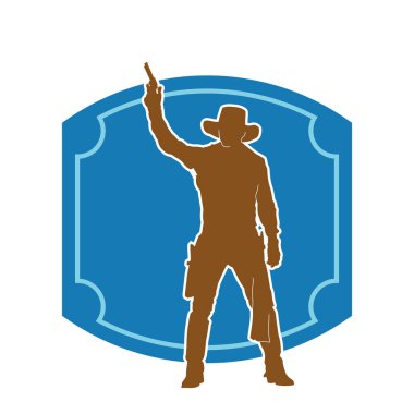 Bir kovboyun silueti tabancasını taşıyor. Atış pozisyonunda kovboy kostümü giyen bir adamın silueti..