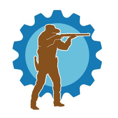 Safari kostümü giymiş, kovboy şapkası takmış tüfeğiyle ateş eden bir avcının silueti. Kovboy kıyafetli bir adamın silueti uzun namlulu silahıyla ateş ediyor..