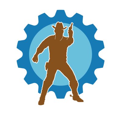 Bir kovboyun silueti tabancasını taşıyor. Atış pozisyonunda kovboy kostümü giyen bir adamın silueti..