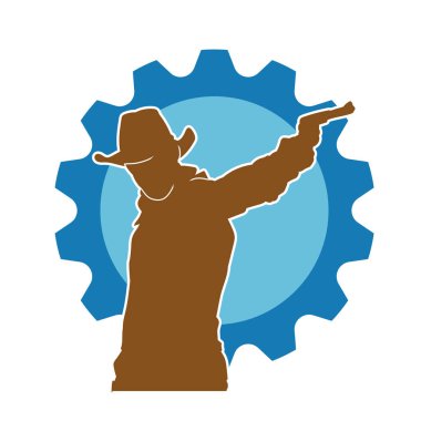 Bir kovboyun silueti tabancasını taşıyor. Atış pozisyonunda kovboy kostümü giyen bir adamın silueti..