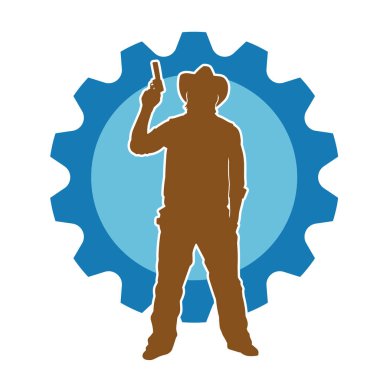 Bir kovboyun silueti tabancasını taşıyor. Atış pozisyonunda kovboy kostümü giyen bir adamın silueti..