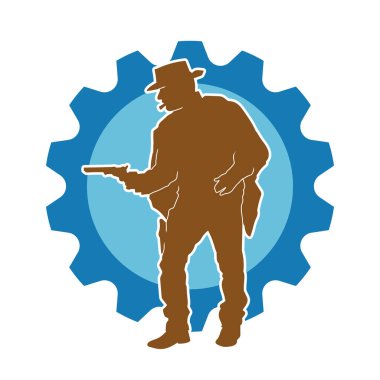 Bir kovboyun silueti tabancasını taşıyor. Atış pozisyonunda kovboy kostümü giyen bir adamın silueti..