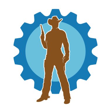 Bir kovboyun silueti tabancasını taşıyor. Atış pozisyonunda kovboy kostümü giyen bir adamın silueti..