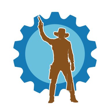 Bir kovboyun silueti tabancasını taşıyor. Atış pozisyonunda kovboy kostümü giyen bir adamın silueti..