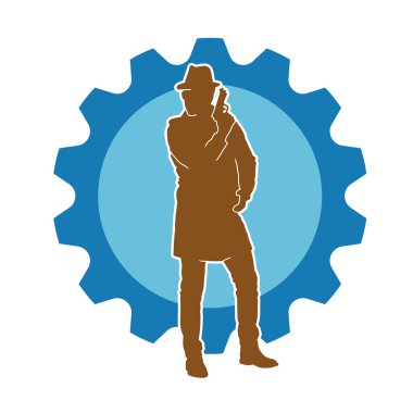 Paltolu ve fötr şapkalı bir erkek dedektifin silueti tabanca tabancasıyla poz veriyor..