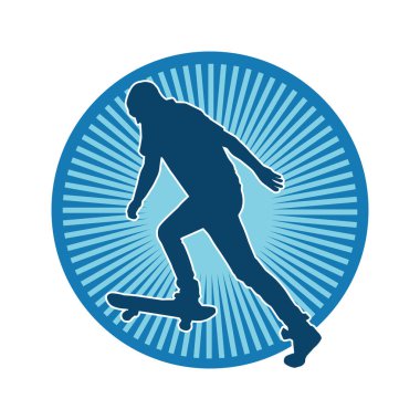 Hareket halindeki bir erkek silueti kaykay üzerinde poz veriyor. Kaykaylı bir şehir çocuğunun silueti..