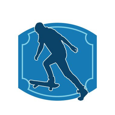 Hareket halindeki bir erkek silueti kaykay üzerinde poz veriyor. Kaykaylı bir şehir çocuğunun silueti..