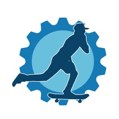 Hareket halindeki bir erkek silueti kaykay üzerinde poz veriyor. Kaykaylı bir şehir çocuğunun silueti..