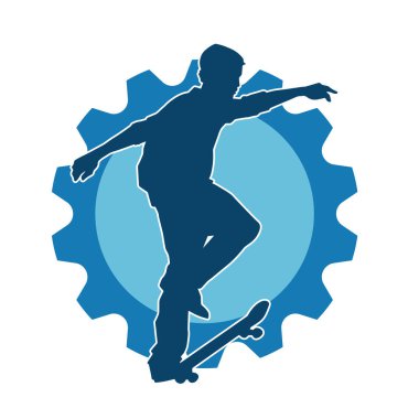 Hareket halindeki bir erkek silueti kaykay üzerinde poz veriyor. Kaykaylı bir şehir çocuğunun silueti..