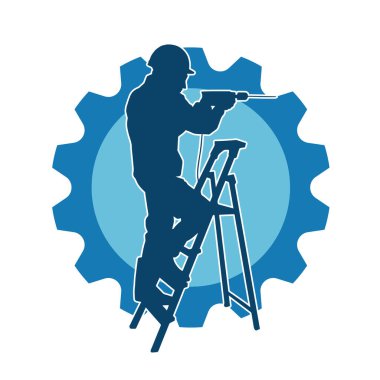 Matkap aletleri taşıyan inşaat işçisi kostümlü bir adamın silueti. İnşaat işçisi erkek silueti elektrikli matkapla hareket halinde poz veriyor. 