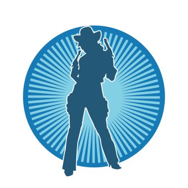 Kovboy kostümü giymiş bir kadın modelin silueti. Silah taşıyan bir kovboy kız silueti..