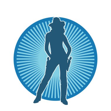 Kovboy kostümü giymiş bir kadın modelin silueti. Silah taşıyan bir kovboy kız silueti..